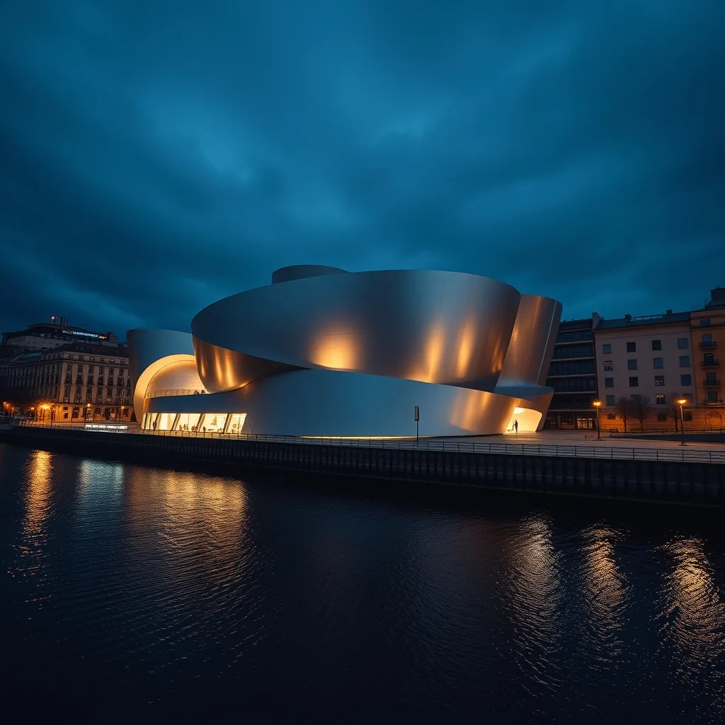 Blue-hour Bilbao with the Guggenheim's titanium curves along the Nervión