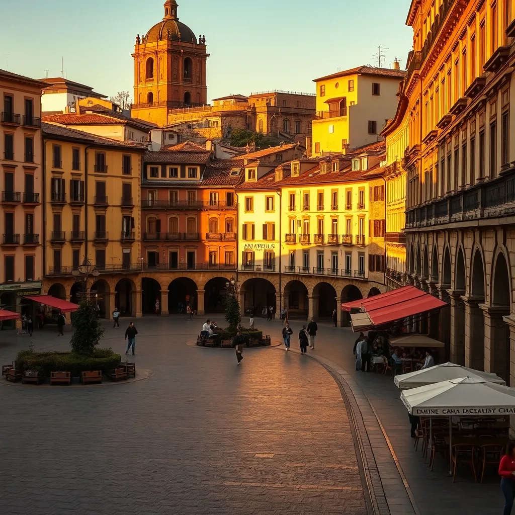 Golden-hour Pamplona with Plaza del Castillo's belle-époque arcades and café terraces