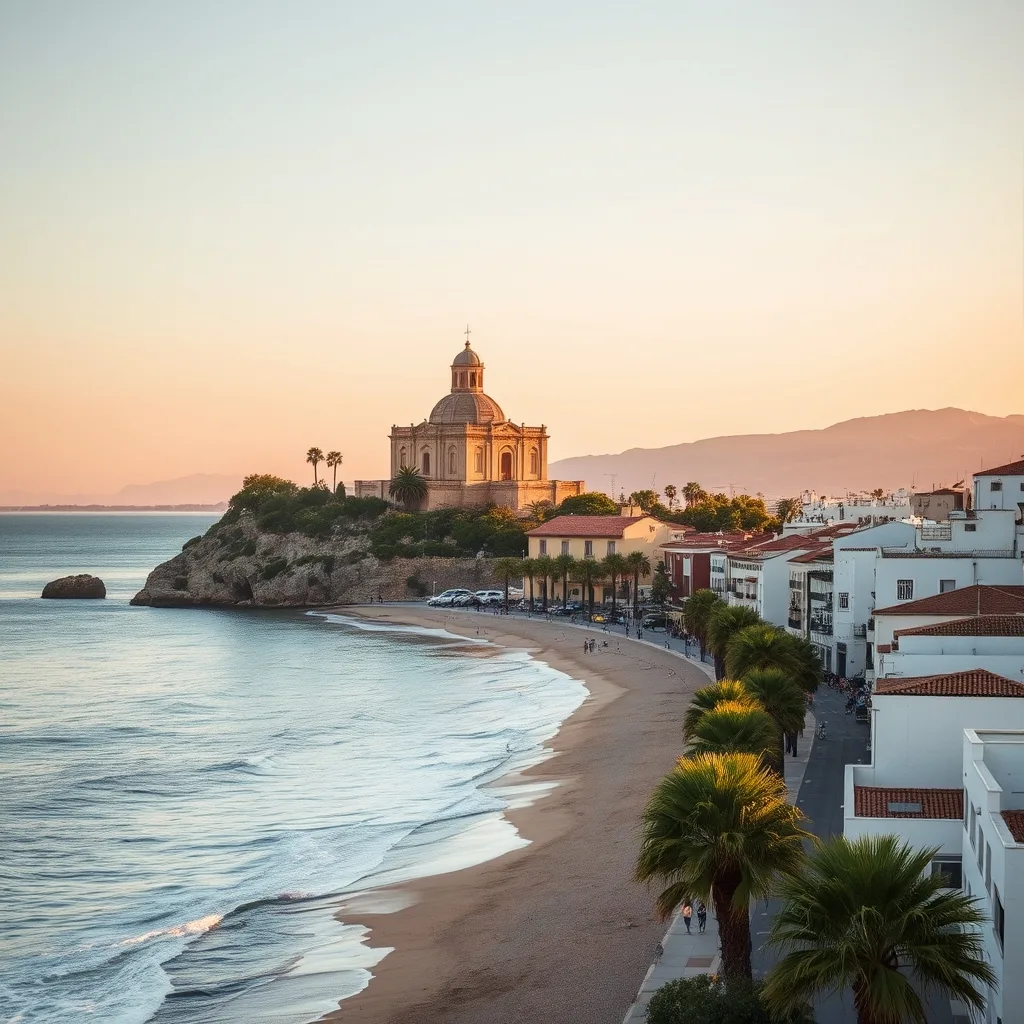 Golden-hour Sitges with the Sant Bartomeu church above the Mediterranean promenade