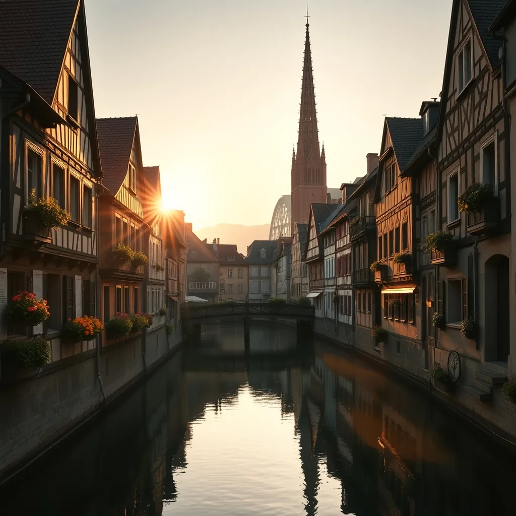 Golden-hour Strasbourg with Petite France's half-timbered houses reflected in the canal beneath the cathedral spire