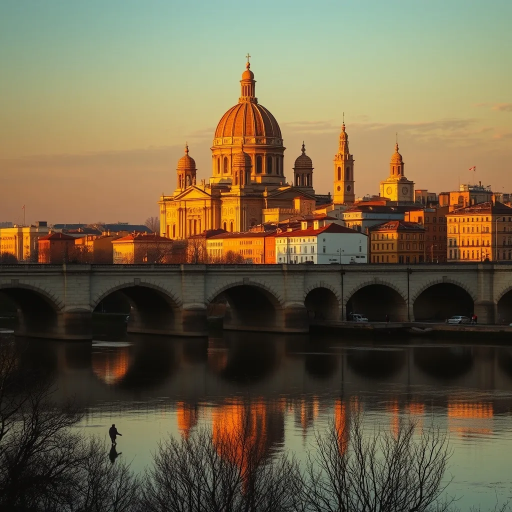 Golden-hour Zaragoza with the Basílica del Pilar's domes reflected in the Ebro